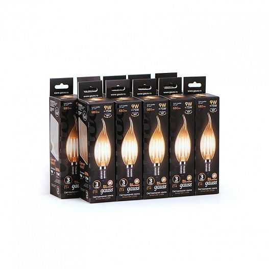 Лампа светодиодная филаментная Filament 9Вт свеча на ветру 2700К тепл. бел. E14 680лм GAUSS 104801109