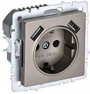 Розетка BRITE РЮш10-1-БрШ 16А с USB A+A 2.1А с заземл. защ. шторки механизм шампань IEK BR-R14-16-U21-D21-K37