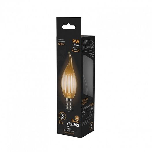 Лампа светодиодная филаментная Filament 9Вт свеча на ветру 2700К тепл. бел. E14 680лм GAUSS 104801109