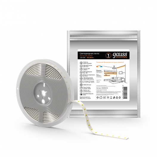 Gauss Лента LED Elementary 2835/120-SMD 9.6W 12V DC теплый белый IP20 (ZIP bag 5m)