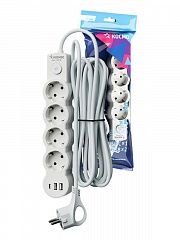 Удлинитель 3х5м с заземл. 10А IP20 USB 2500Вт 220В ПВС 3х1 с выкл. бел. КОСМОС YKsm5m4g-Z-VU10А-W