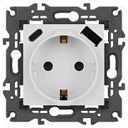 Розетка Elegance 14-4108-01 16A 250В 2P+E защ. шторки с USB type-A+C 3А 5В белый Эра Б0067736