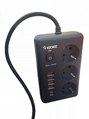 Удлинитель с сетевым фильтром 3х1.5м 10А 4USB + 2USBC 2500Вт ПВС 3х1 прямоуг. черн. КОСМОС FKsm1.5m-3gPF(B)USB