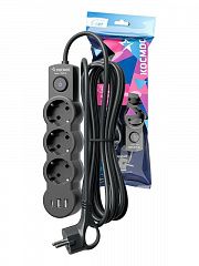 Удлинитель 3х5м с заземл. 10А IP20 USB 2800Вт 220В ПВС 3х1 с выкл. черн. КОСМОС YKsm5m3g-Z-VU10А-B