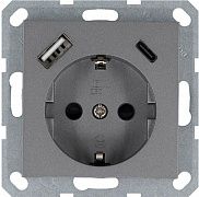 Розетка Shuko 16А с заземл. защ. шторки с 2-мя заряд. устройствами USB тип A+C 25Вт механизм алюм. Jasmart G5501USB-25S