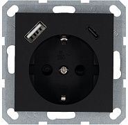 Розетка Shuko 16А с заземл. защ. шторки с 2-мя заряд. устройствами USB тип A+C 25Вт механизм черн. матов. soft touch Jasmart G5501USB-25PB