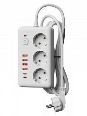 Удлинитель с сетевым фильтром 3х5м 10А 4USB + 2USBC 2500Вт ПВС 3х1 прямоуг. бел. КОСМОС FKsmPR-5m-3g(W)USB
