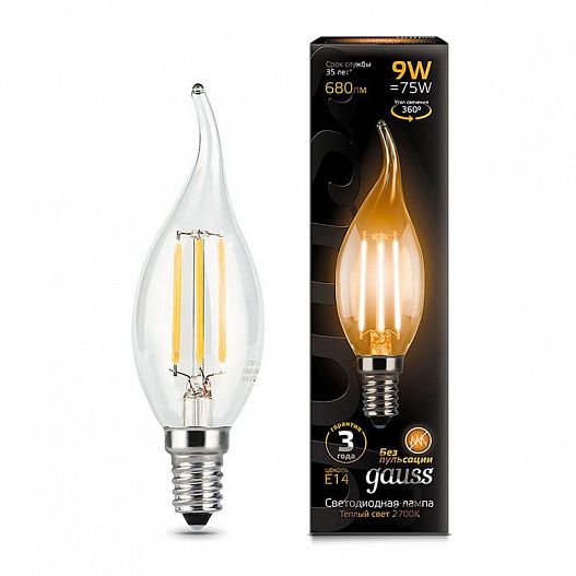 Лампа светодиодная филаментная Filament 9Вт свеча на ветру 2700К тепл. бел. E14 680лм GAUSS 104801109