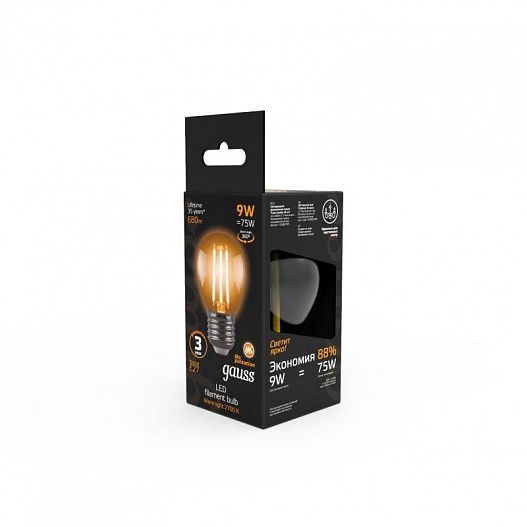 Лампа светодиодная филаментная Filament 9Вт шар 2700К тепл. бел. E27 680лм GAUSS 105802109